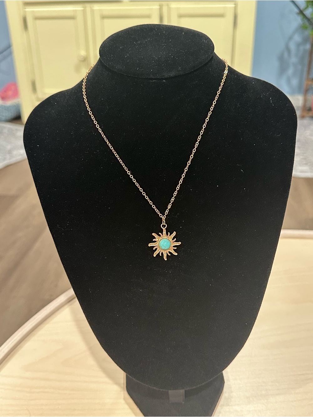 Sunburst Pendant with Turquoise Stone Gold-Tone Necklace